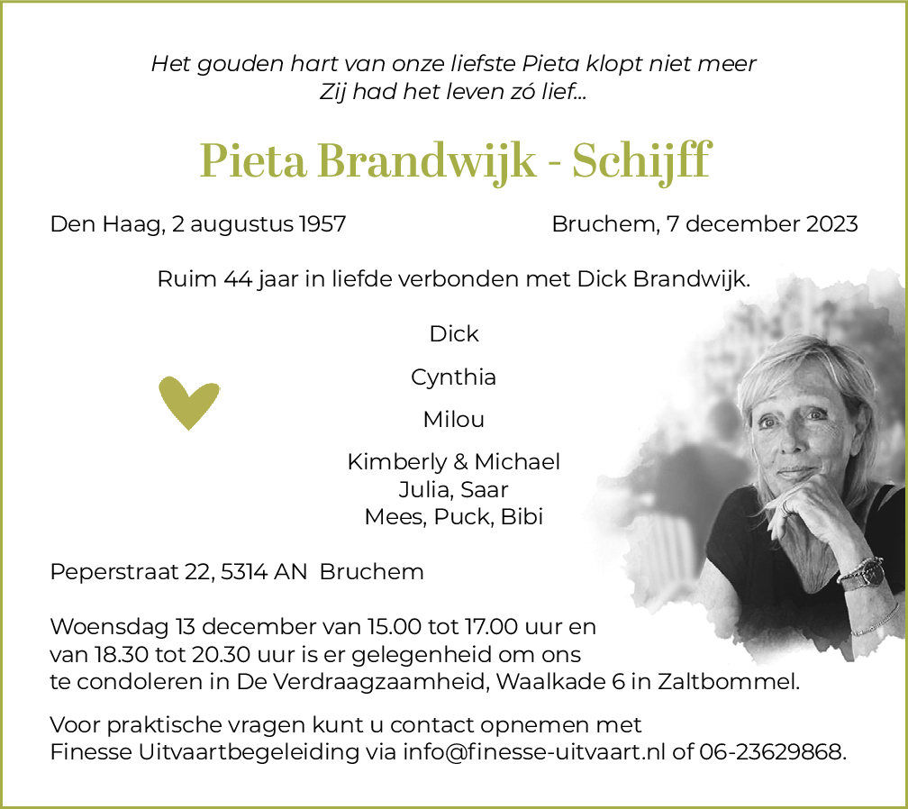 Overlijdensbericht Pieta Brandwijk